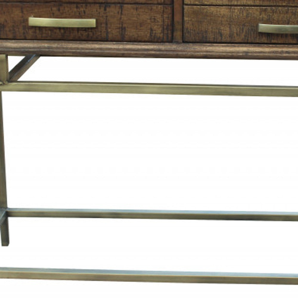 36" Brown and Brass Solid Wood Distressed Frame Console Table With Storage