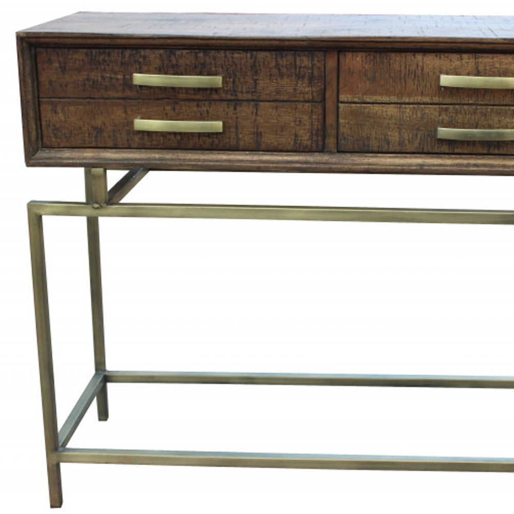 36" Brown and Brass Solid Wood Distressed Frame Console Table With Storage