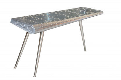 56" Silver Aluminum and Solid Wood Three Leg Console Table
