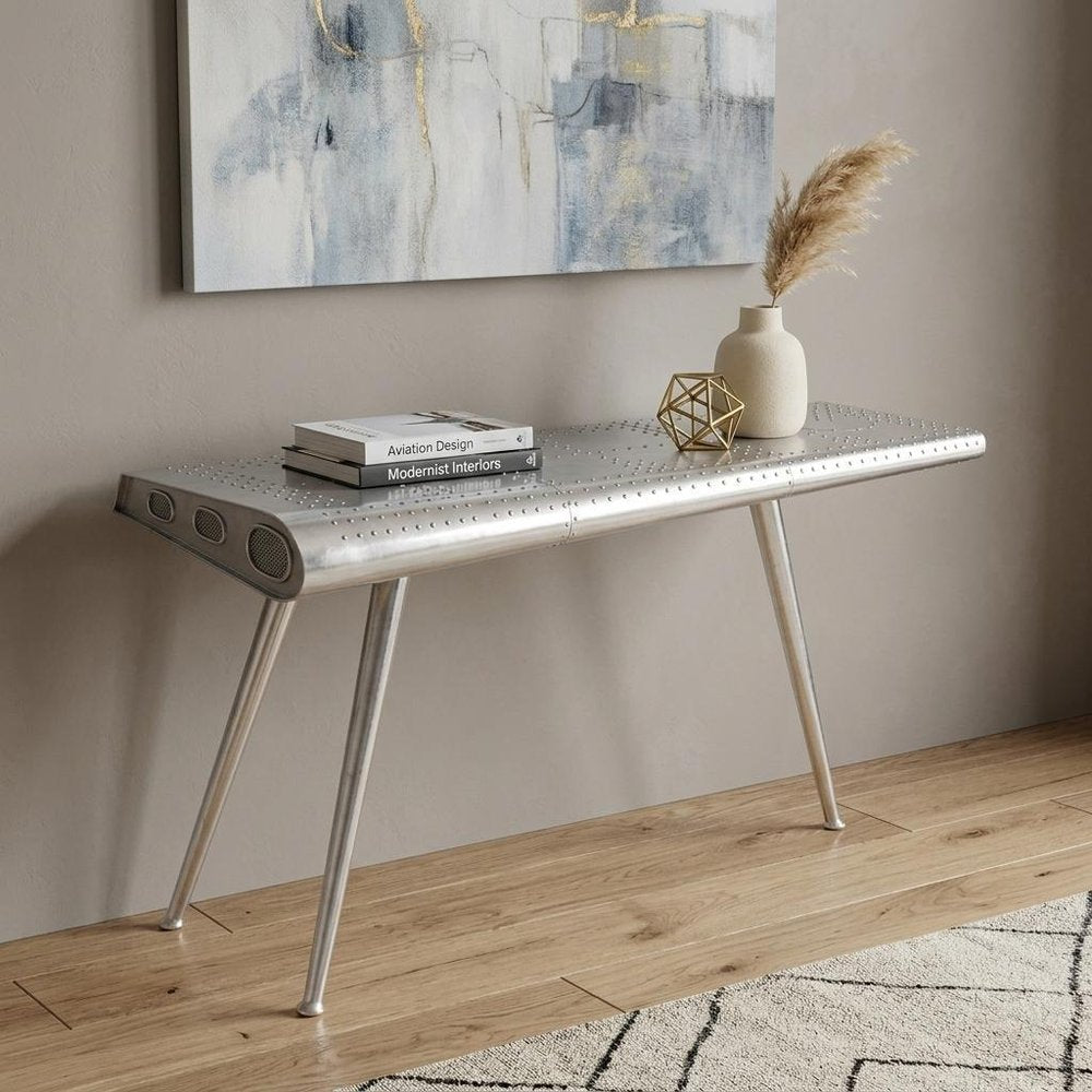 56" Silver Aluminum and Solid Wood Three Leg Console Table