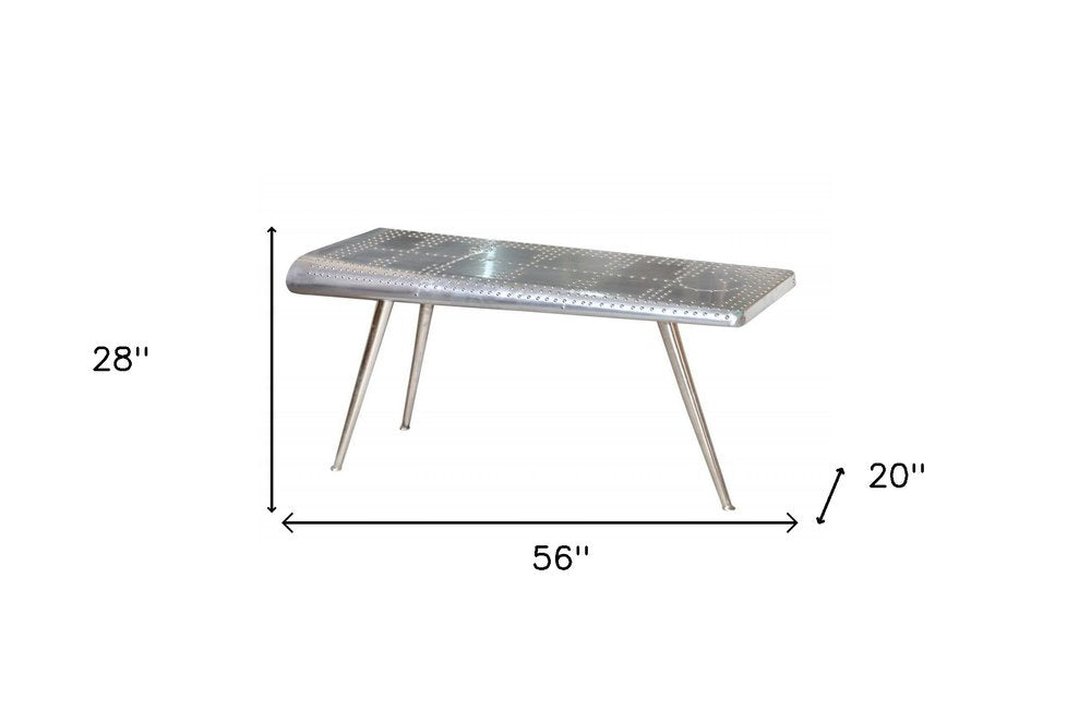 56" Silver Aluminum and Solid Wood Three Leg Console Table