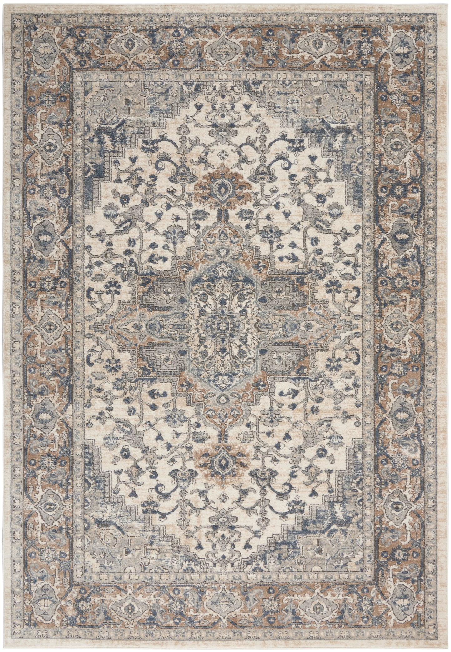 Persian-style rectangular area rug with ivory field, blue-gray floral medallion and border, intricate vine motifs.