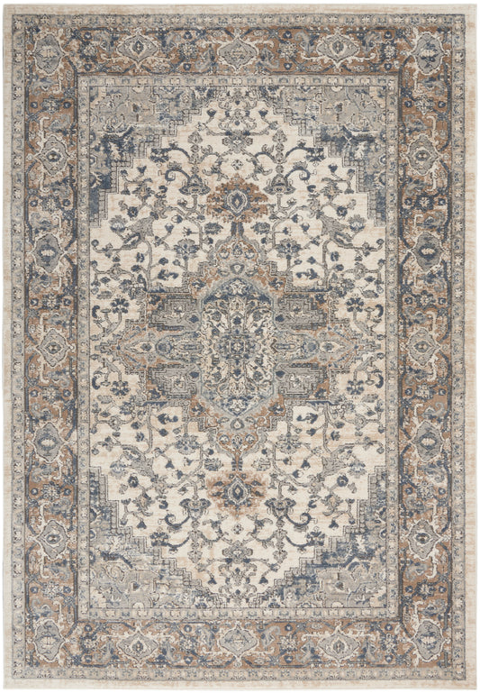 Persian-style rectangular area rug with ivory field, blue-gray floral medallion and border, intricate vine motifs.