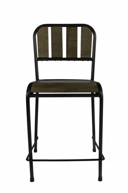 25" Brown And Black Solid Wood And Iron Counter Height Bar Chair
