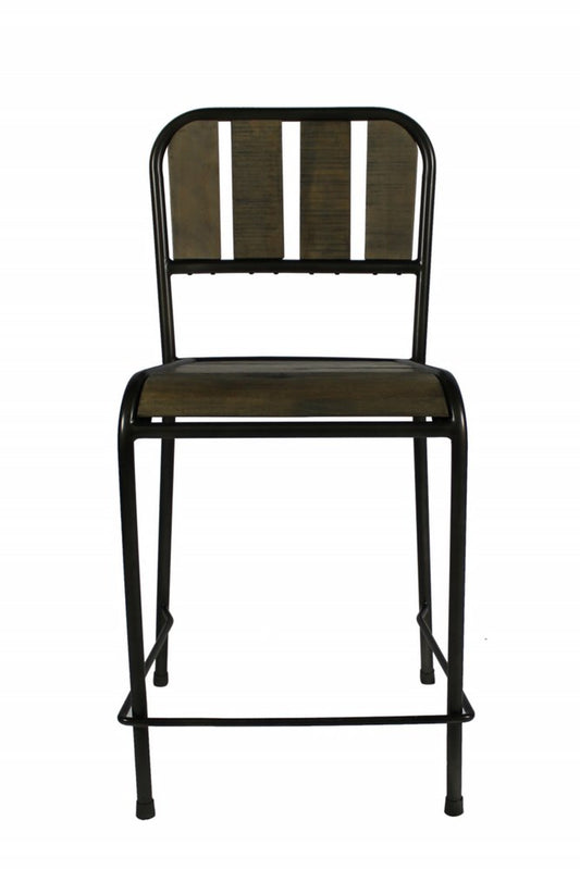 25" Brown And Black Solid Wood And Iron Counter Height Bar Chair