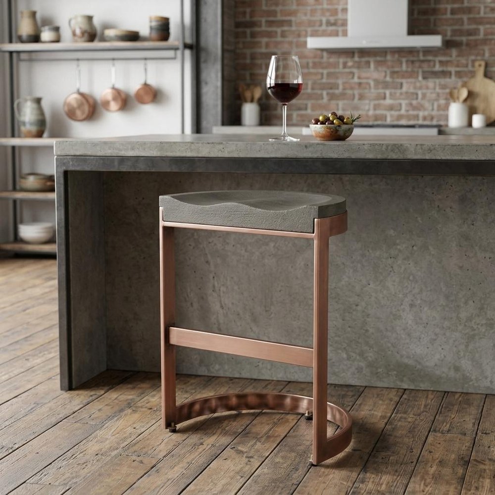 26" Gray And Copper Solid Wood And Iron Backless Counter Height Bar Chair