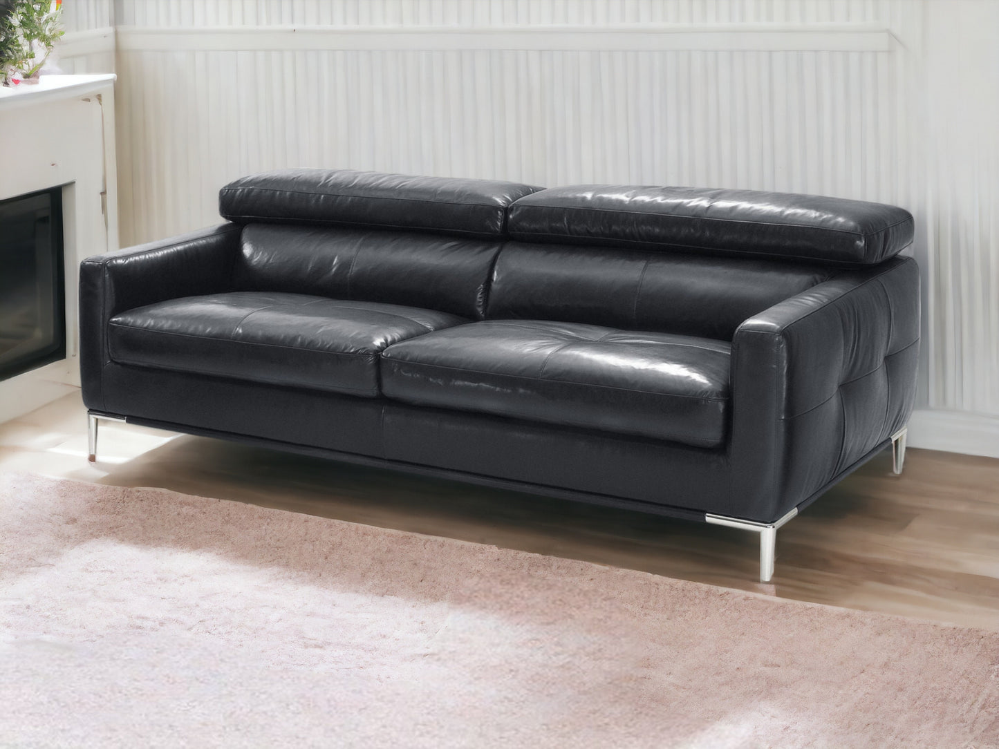 79" Black Genuine Leather Sofa With Silver Legs
