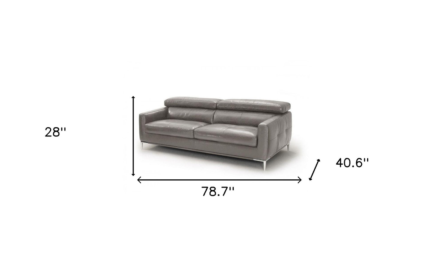 79" Dark Grey Leather Sofa With Silver Legs
