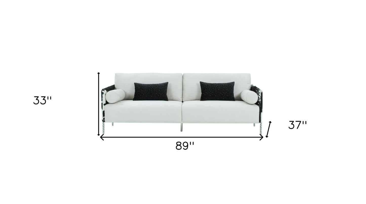 89" White Sofa And Toss Pillows With Silver Legs