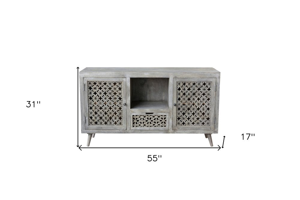 55" Gray Solid Wood Cabinet Enclosed Storage Worn TV Stand