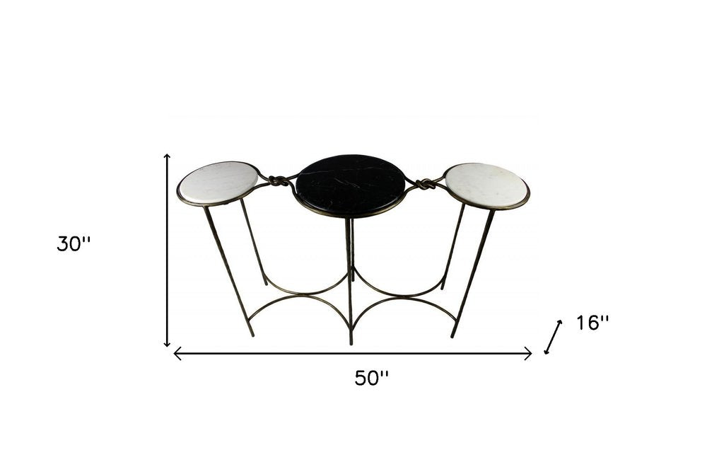 50" Black White And Gold Genuine Marble Round Six Leg Console Table