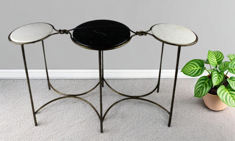 50" Black White And Gold Genuine Marble Round Six Leg Console Table