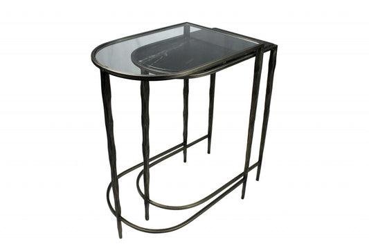 Set of Two 25" Black And Clear Glass And Genuine Marble Half Circle Three Leg Console Table