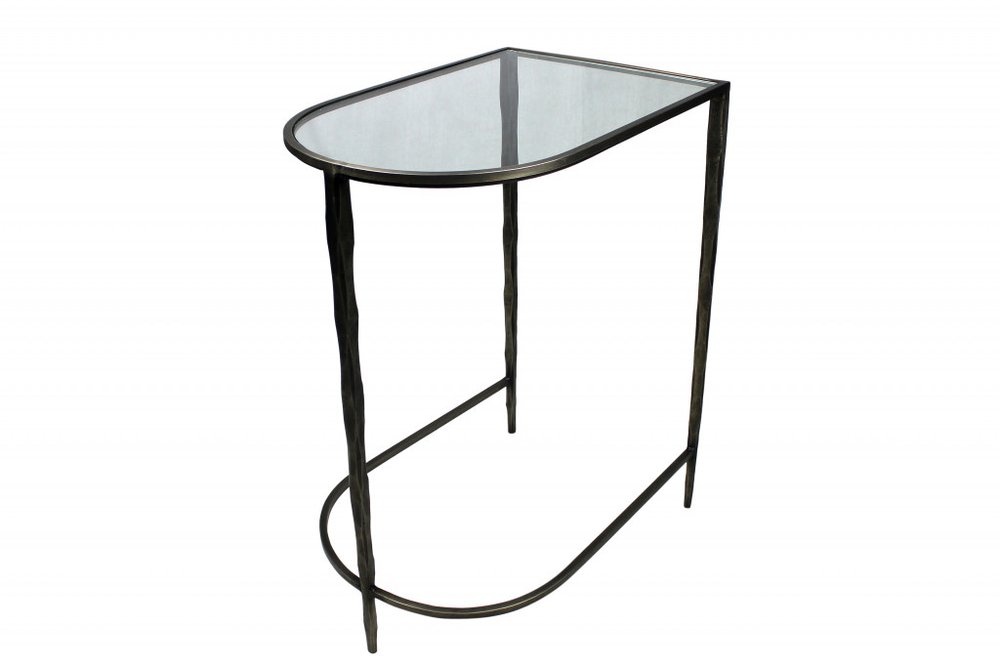Set of Two 25" Black And Clear Glass And Genuine Marble Half Circle Three Leg Console Table