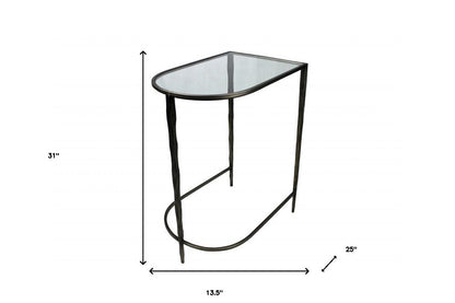 Set of Two 25" Black And Clear Glass And Genuine Marble Half Circle Three Leg Console Table