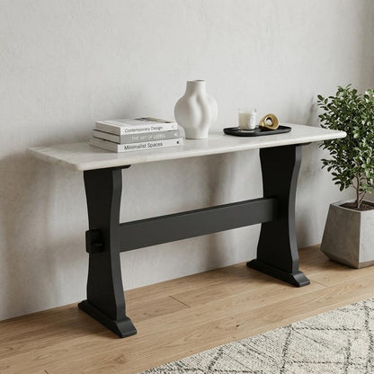 70" Ivory and Black Genuine Marble and Solid Wood Trestle Console Table