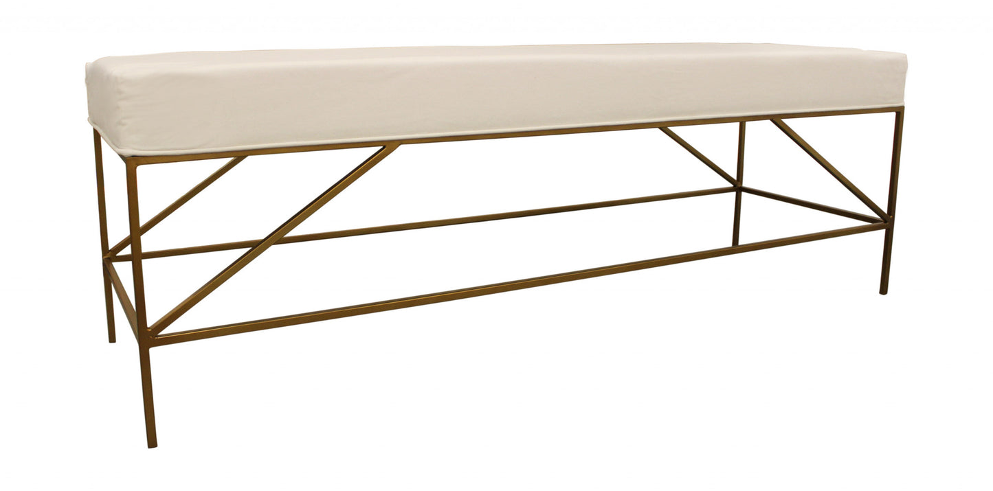 58" Ivory and Gold Upholstered Linen Bench