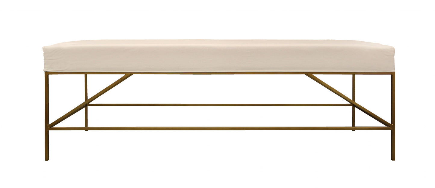 58" Ivory and Gold Upholstered Linen Bench