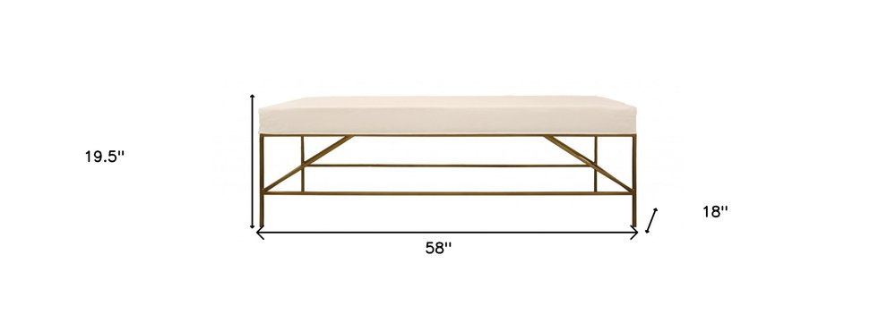 58" Ivory and Gold Upholstered Linen Bench