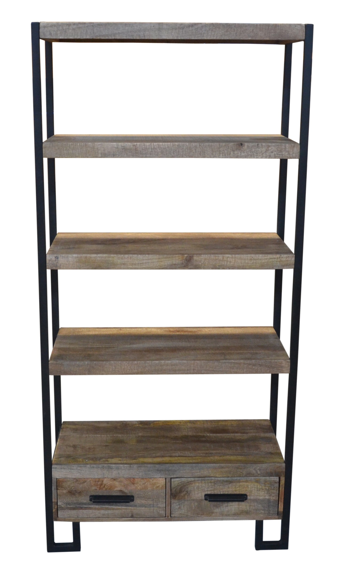 71" Brown Distressed Solid Wood Four Tier Etagere Bookcase with Two Drawers