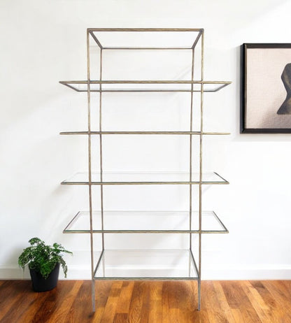 59" Antiqued Gold And Clear Iron and Glass Five Tier Etagere Bookcase