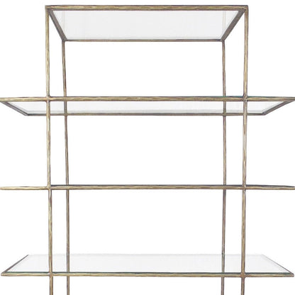 59" Antiqued Gold And Clear Iron and Glass Five Tier Etagere Bookcase