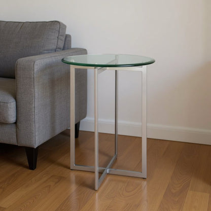 21" Clear And Silver Glass and Stainless Steel Round End Table