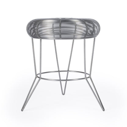 Round end table with a silver wire frame.