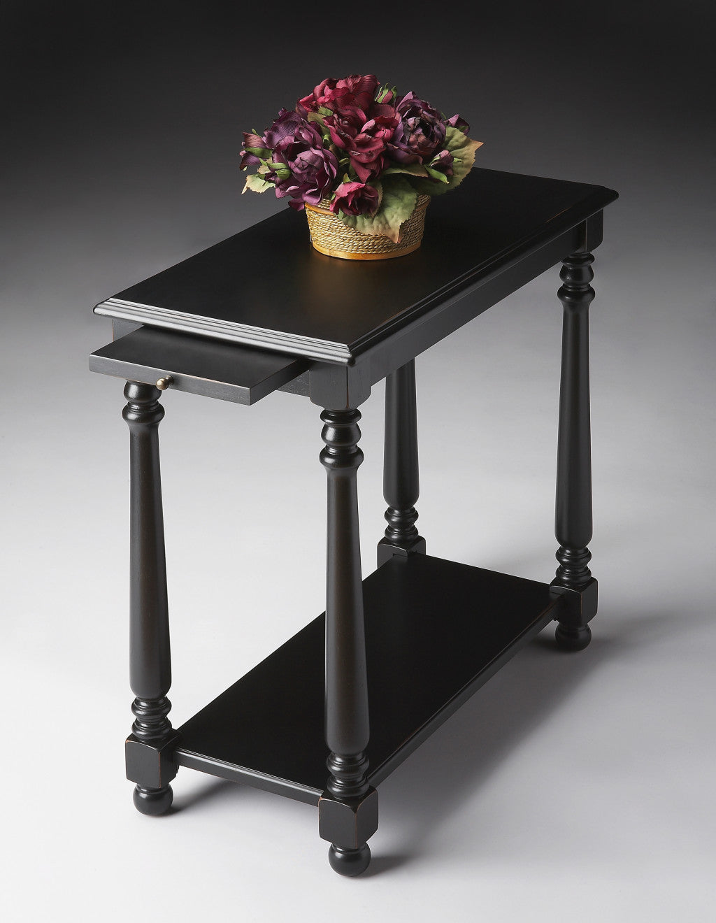 24" Black Distressed Wood And Wood End Table With Shelf