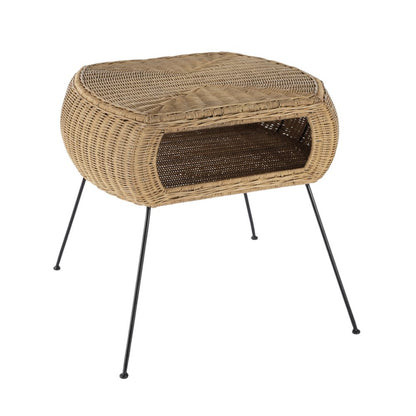Round end table with shelf, black and brown distressed rattan and iron frame, 24-inch diameter.