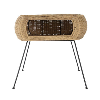24" round end table with distressed black and brown rattan and iron, featuring a lower shelf.