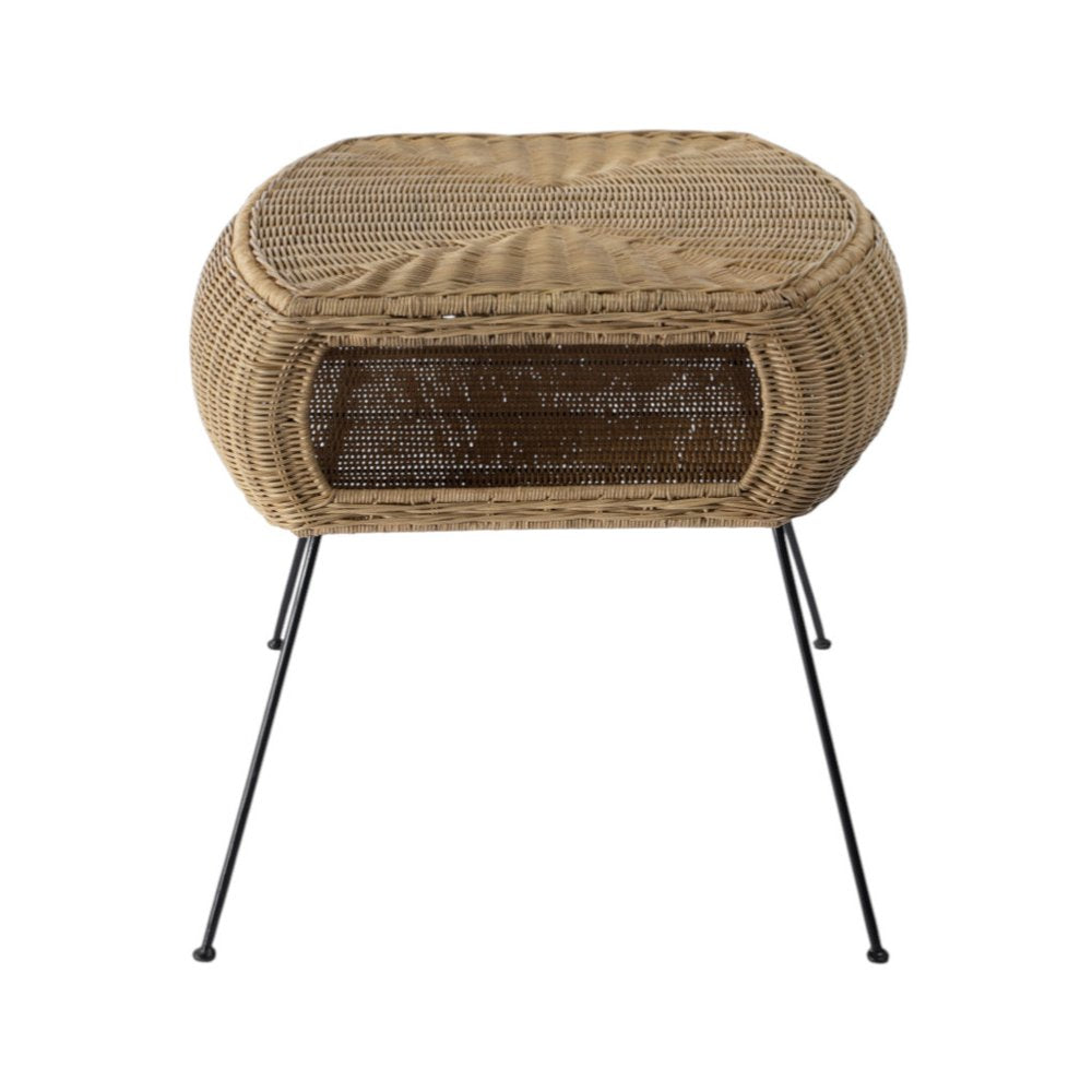 24" Black and Brown Distressed Rattan and Iron Round End Table with Shelf
