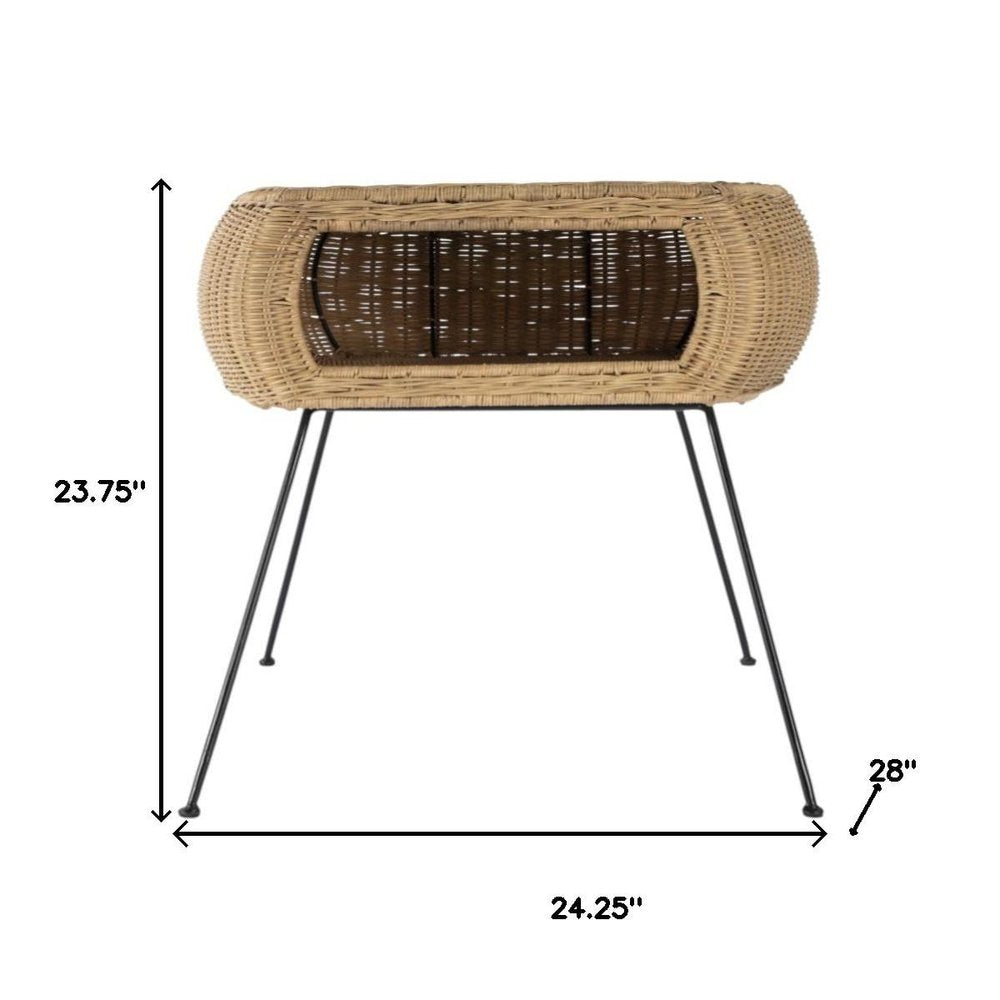 24" black and brown distressed rattan and iron round end table with shelf