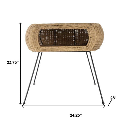24" black and brown distressed rattan and iron round end table with shelf