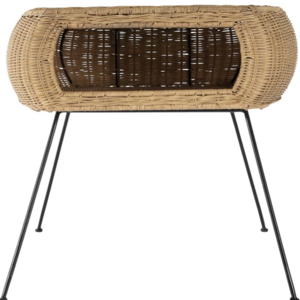 24" round end table with a shelf, distressed black and brown rattan and iron.