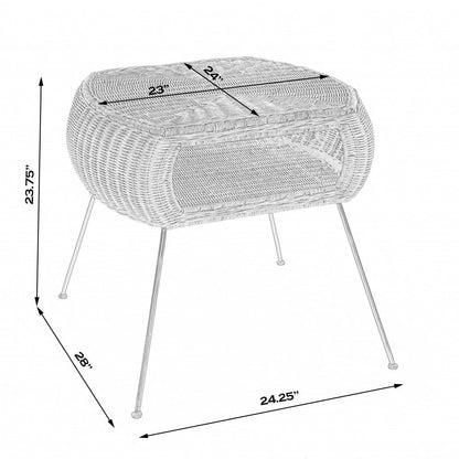 24-inch round end table with shelf in distressed black and brown rattan and iron.