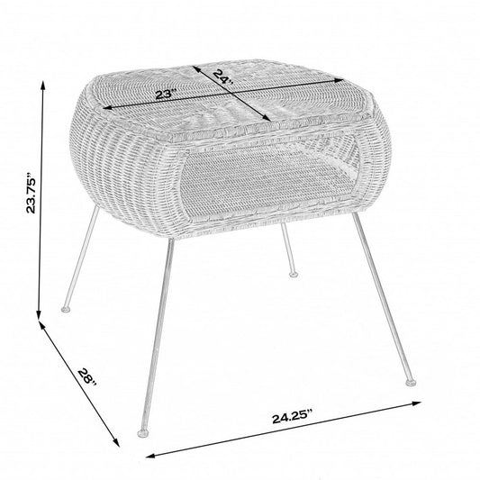 24-inch round end table with shelf in distressed black and brown rattan and iron.