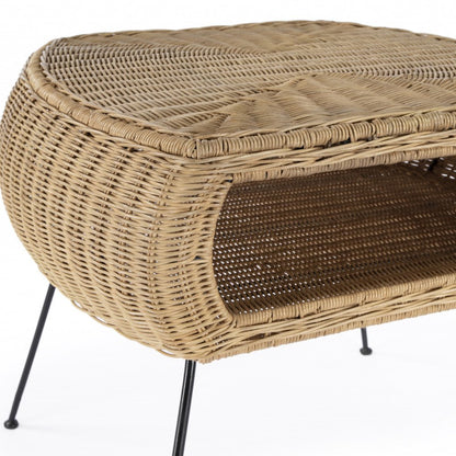 24" round end table with black and brown distressed rattan and iron frame and a lower shelf.