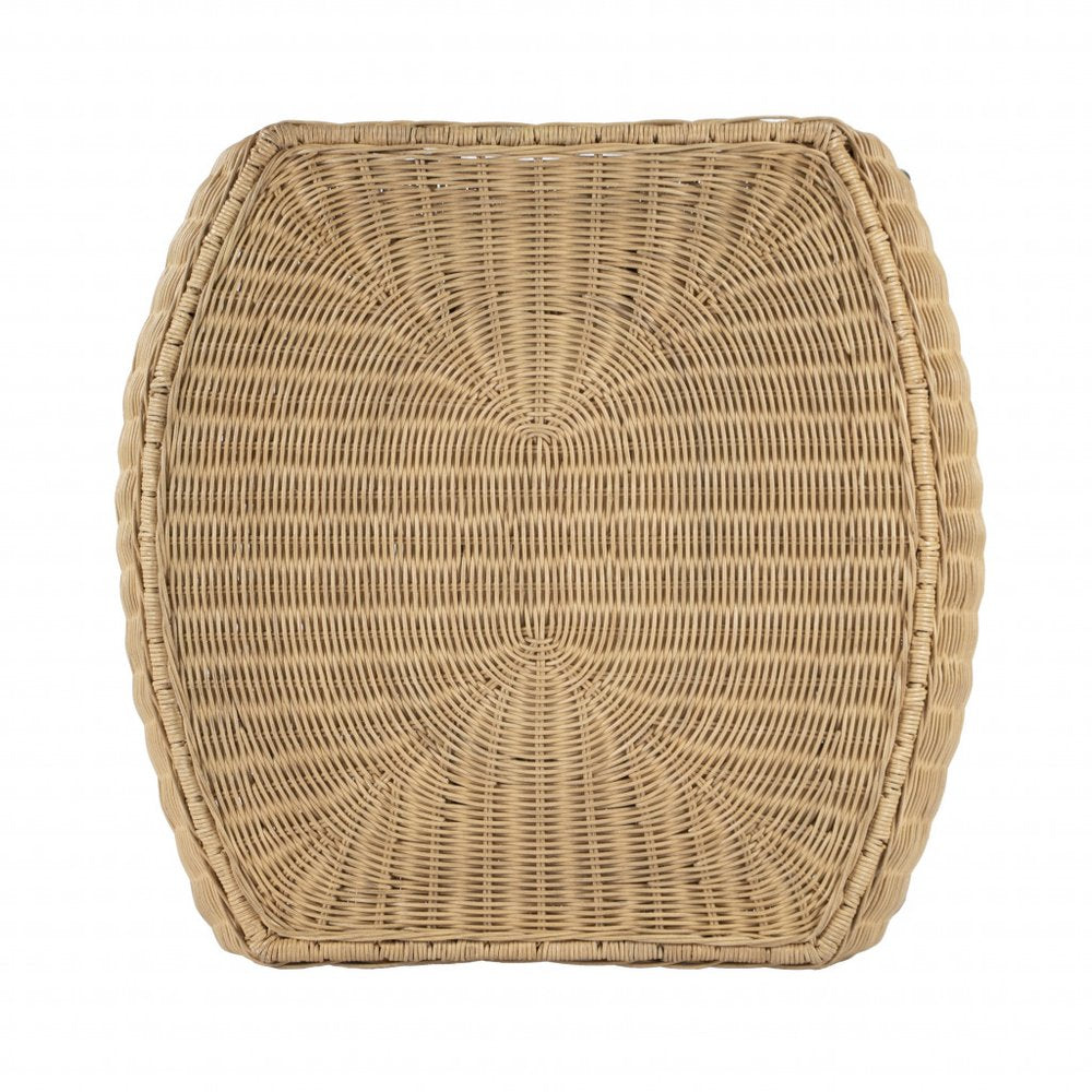 24-inch round end table in black and brown distressed rattan and iron, with a lower shelf.