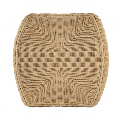24-inch round end table in black and brown distressed rattan and iron, with a lower shelf.