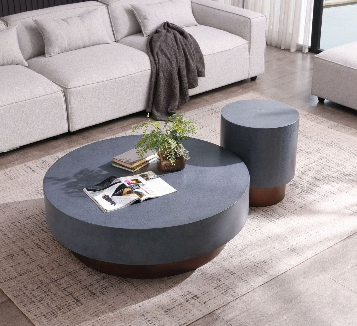 48" Antique Copper And Grey Steel Round Coffee Table
