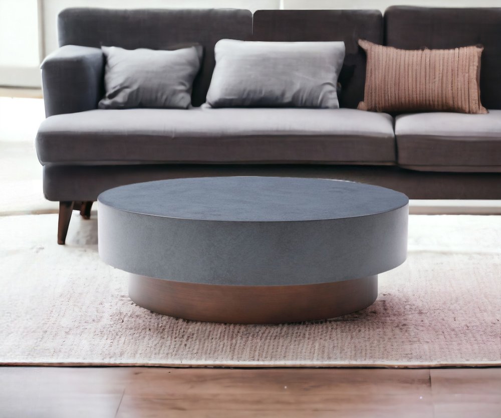 48" Gray and Brown Steel And Copper Round Drum Coffee Table