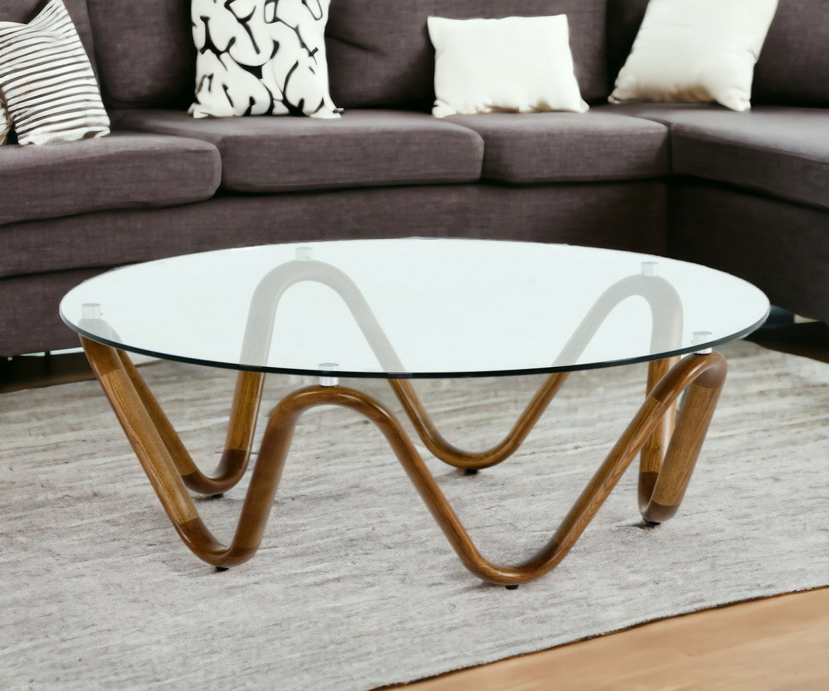 45" Walnut And Clear Glass Abstract Wood Round Coffee Table