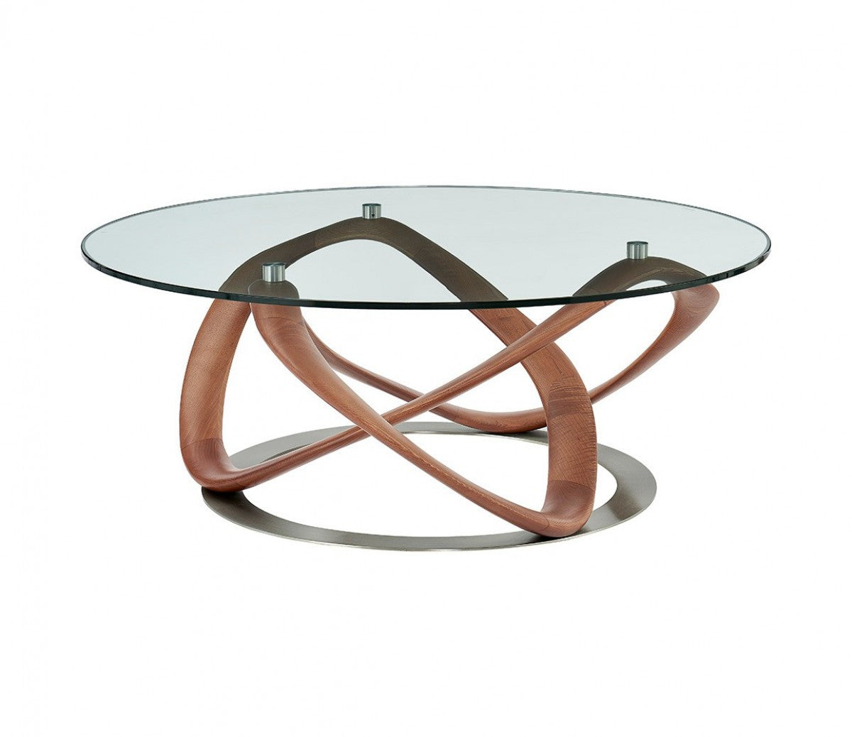 39" Clear And Brown Glass And Solid Wood Round Coffee Table