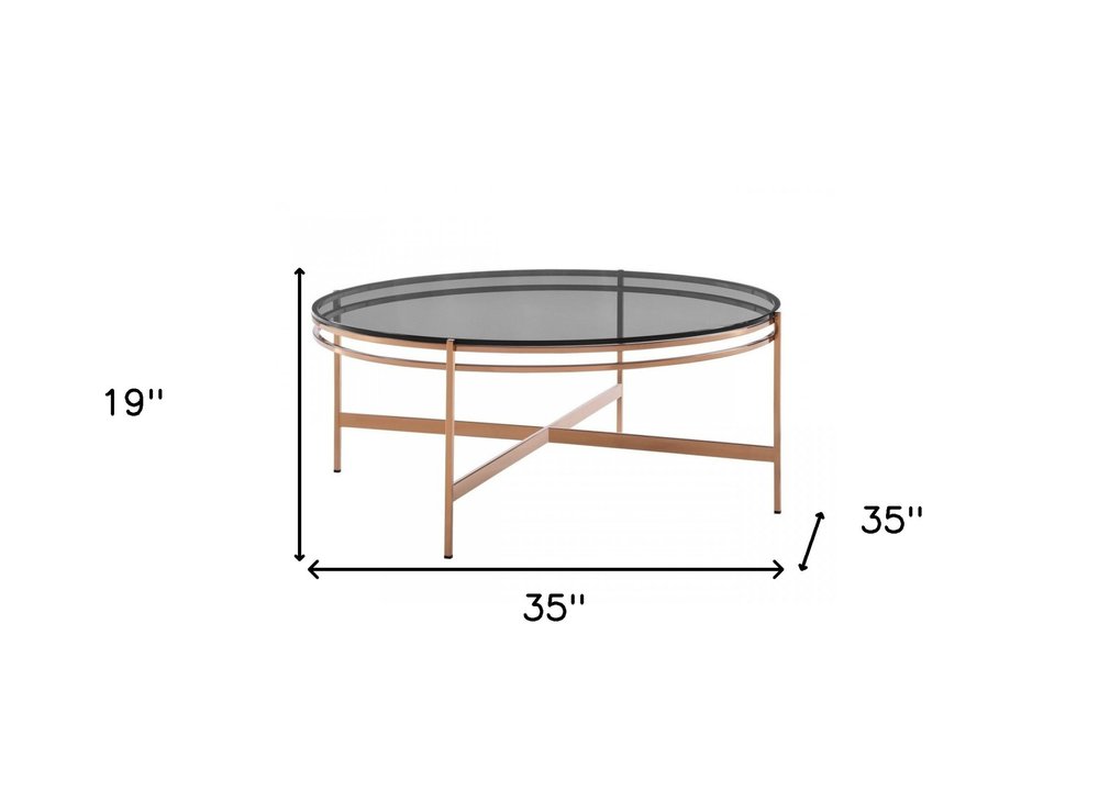 35" Gray and Gold Glass And Stainless Steel Round Coffee Table