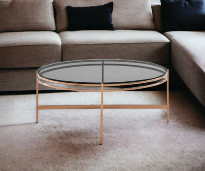 35" Gray and Gold Glass And Stainless Steel Round Coffee Table