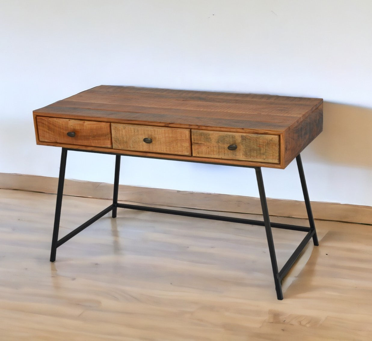 47" Natural And Black Mango Solid Wood Writing Desk With Three Drawers