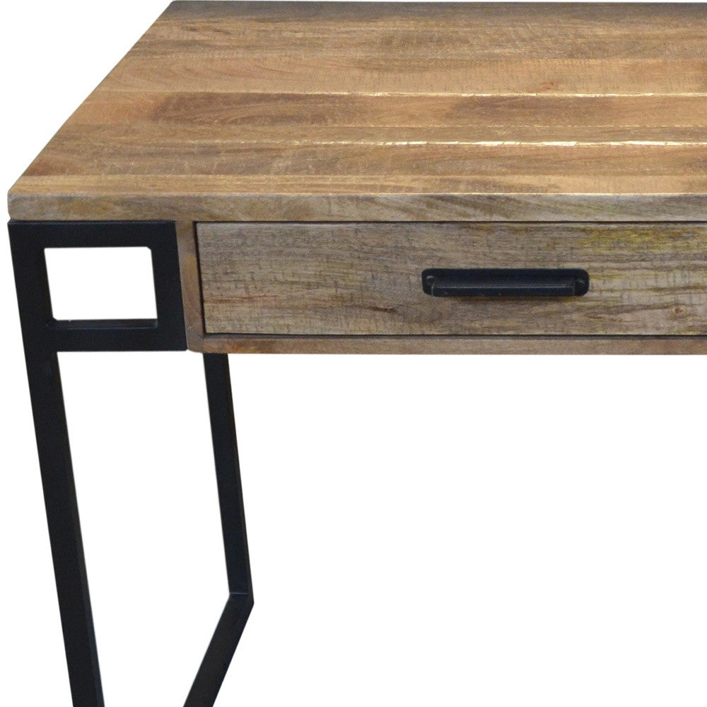 60" Natural and Black Solid Wood Writing Desk With Two Drawers