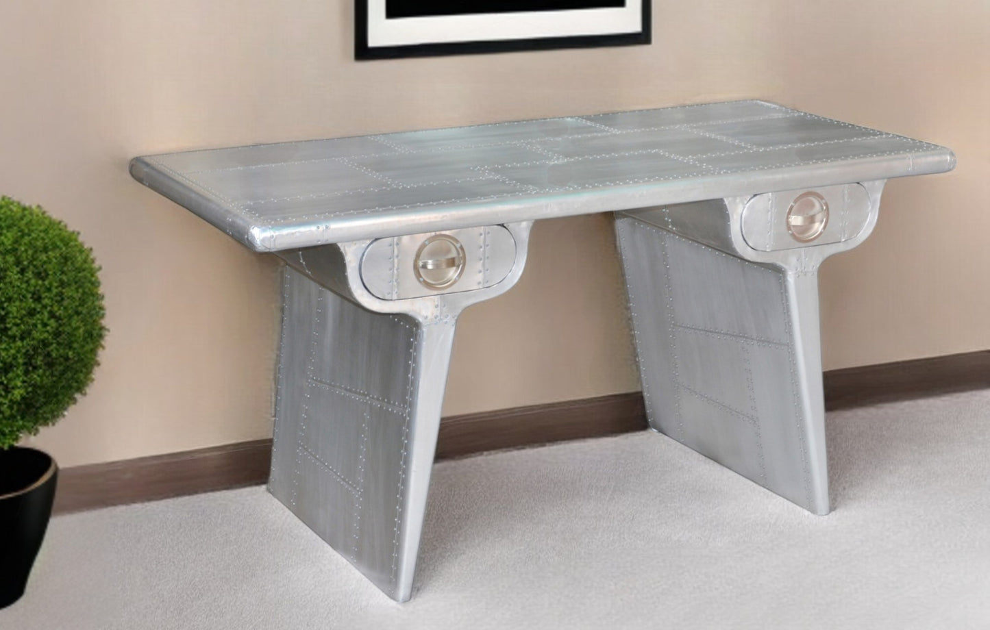 60" Silver Aluminum Writing Desk With Two Drawers