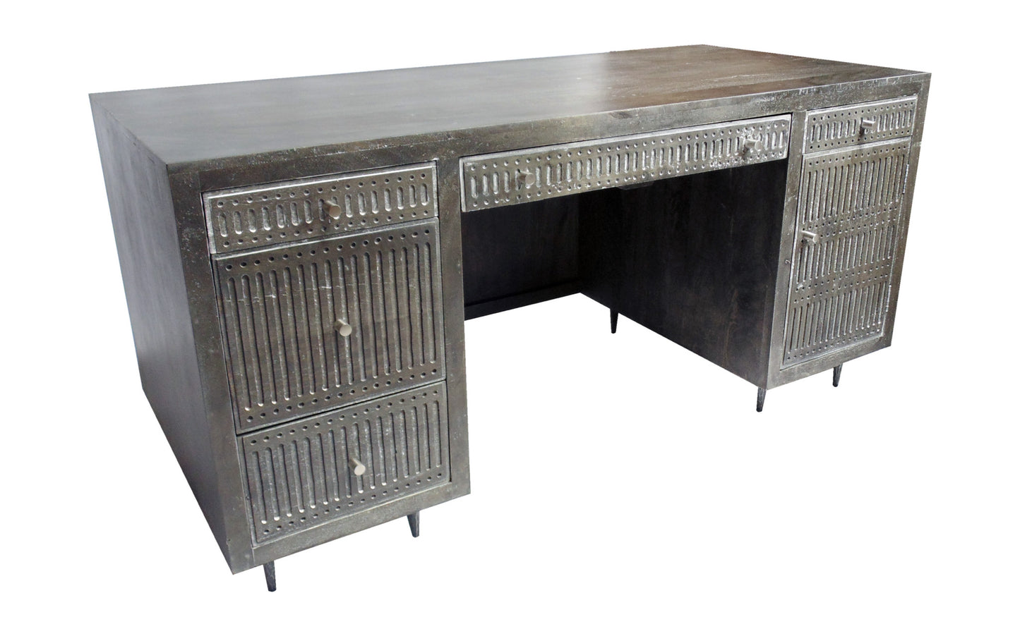 64" Brown And Silver Mango Solid Wood Executive Desk With Five Drawers